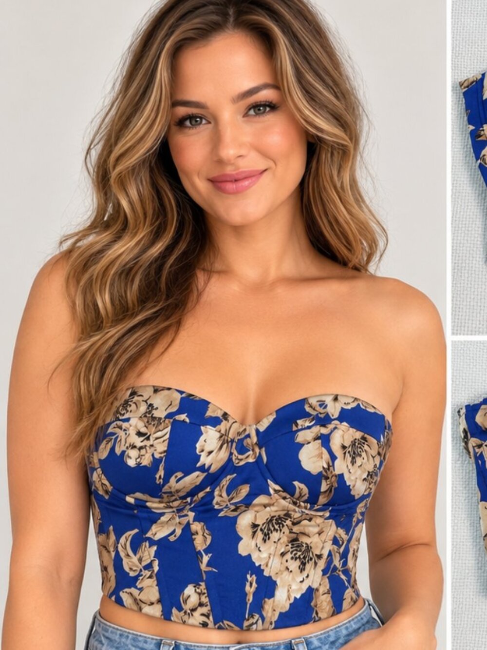 SHEIN Blue Floral Strapless Corset Bustier Lace Up XS